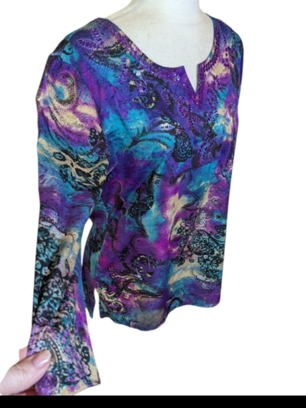 Whimsigoth Dark Academia Purple Abstract Tunic Top Beaded Bodice Sz S